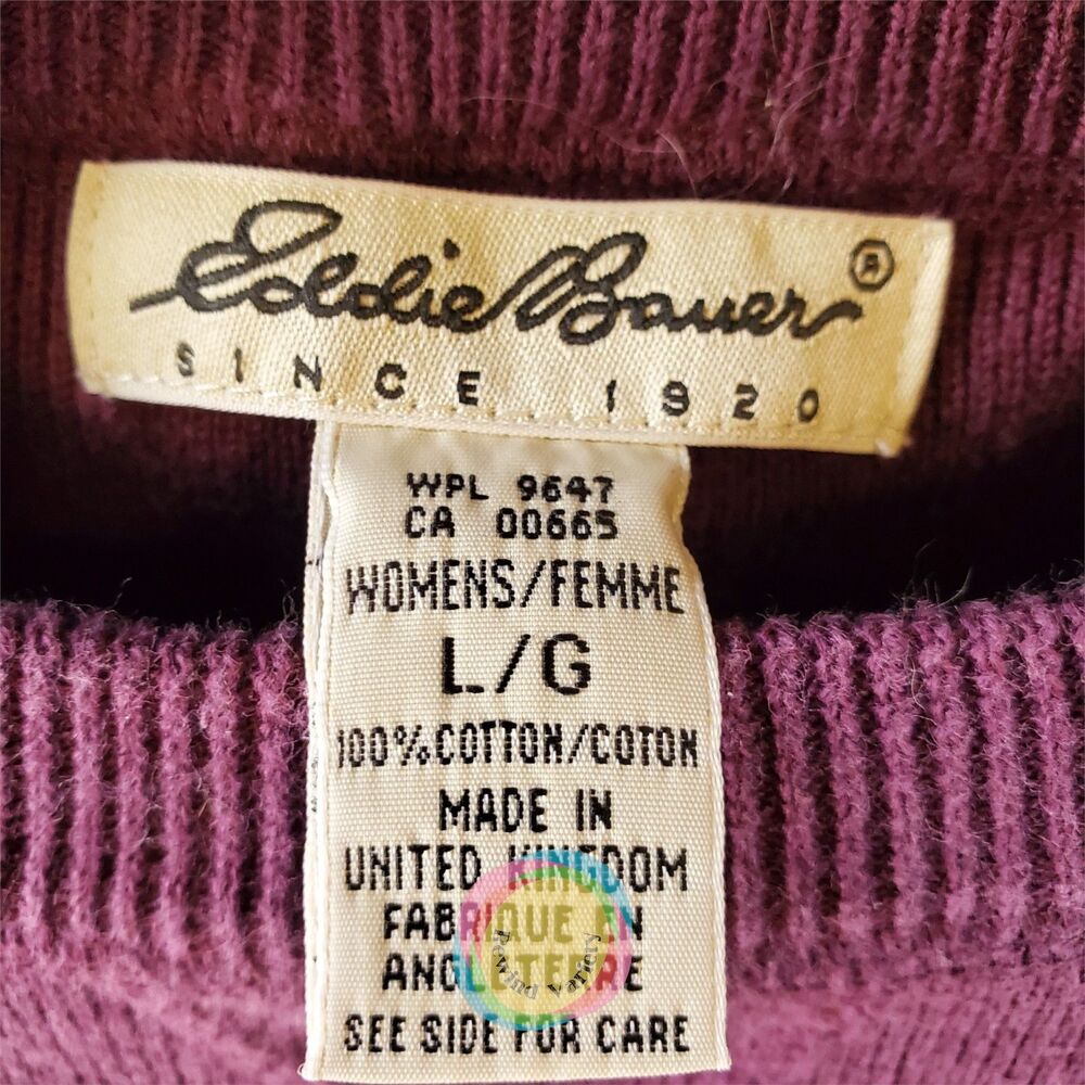 Vintage 80s Eddie Bauer Cotton Knit Sweater Made in UK Purple Boxy Pocket - Picture 3 of 11